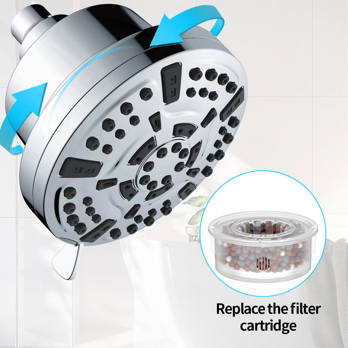 Water-Saving Showerhead with Filter Cartridge in Silver and Black