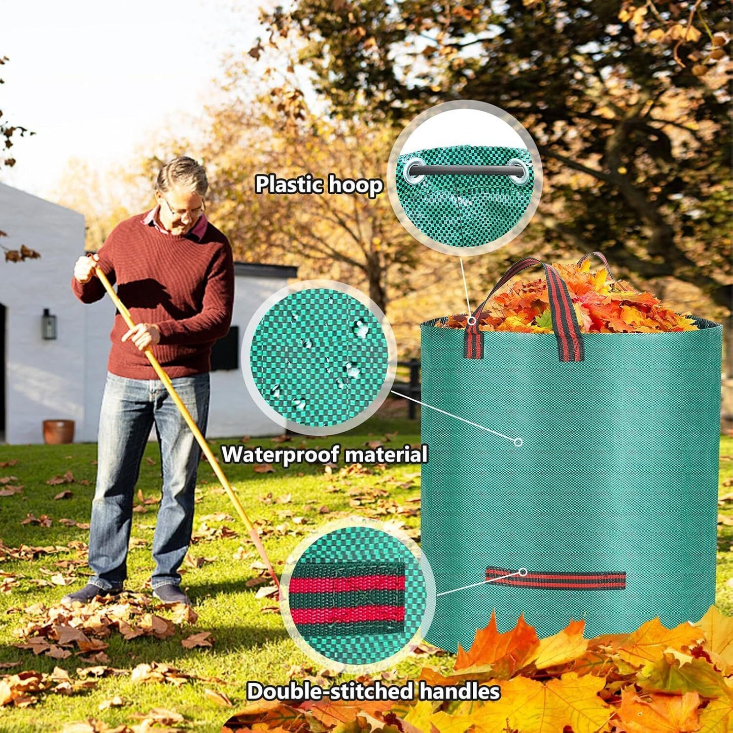 Reusable Garden Leaf Bag with Green Fabric and Red Handles