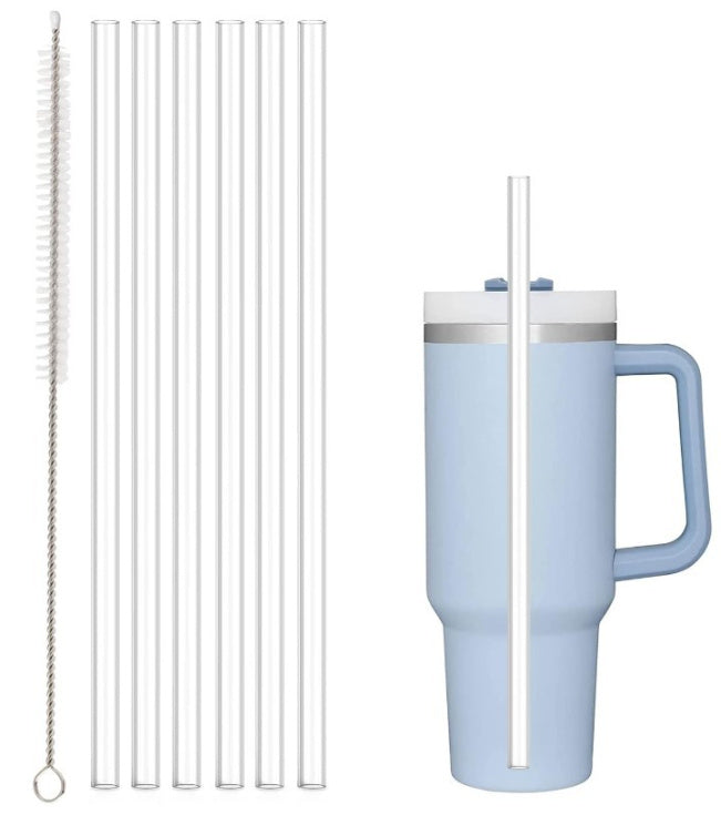 Transparent reusable glass straws with silver cleaning brush
