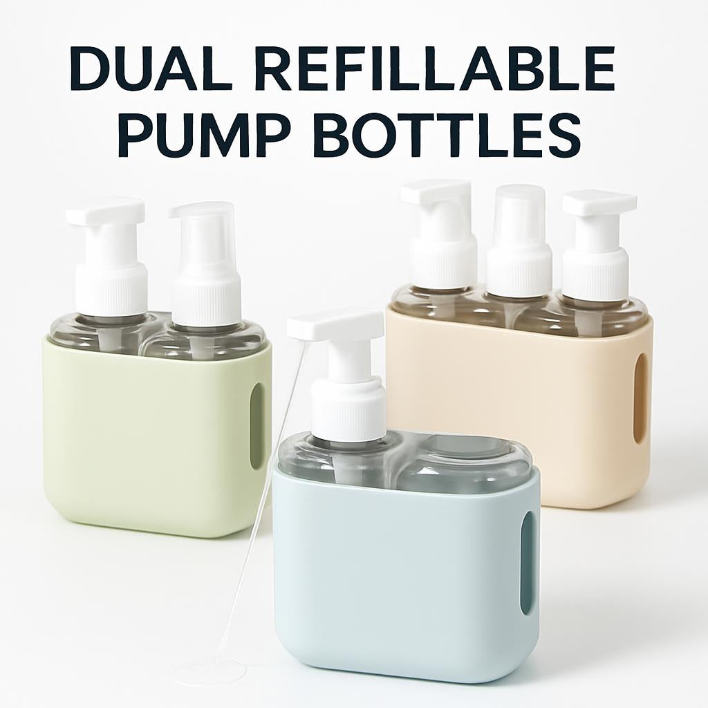 Light green, beige, and light blue refillable travel toiletry bottles