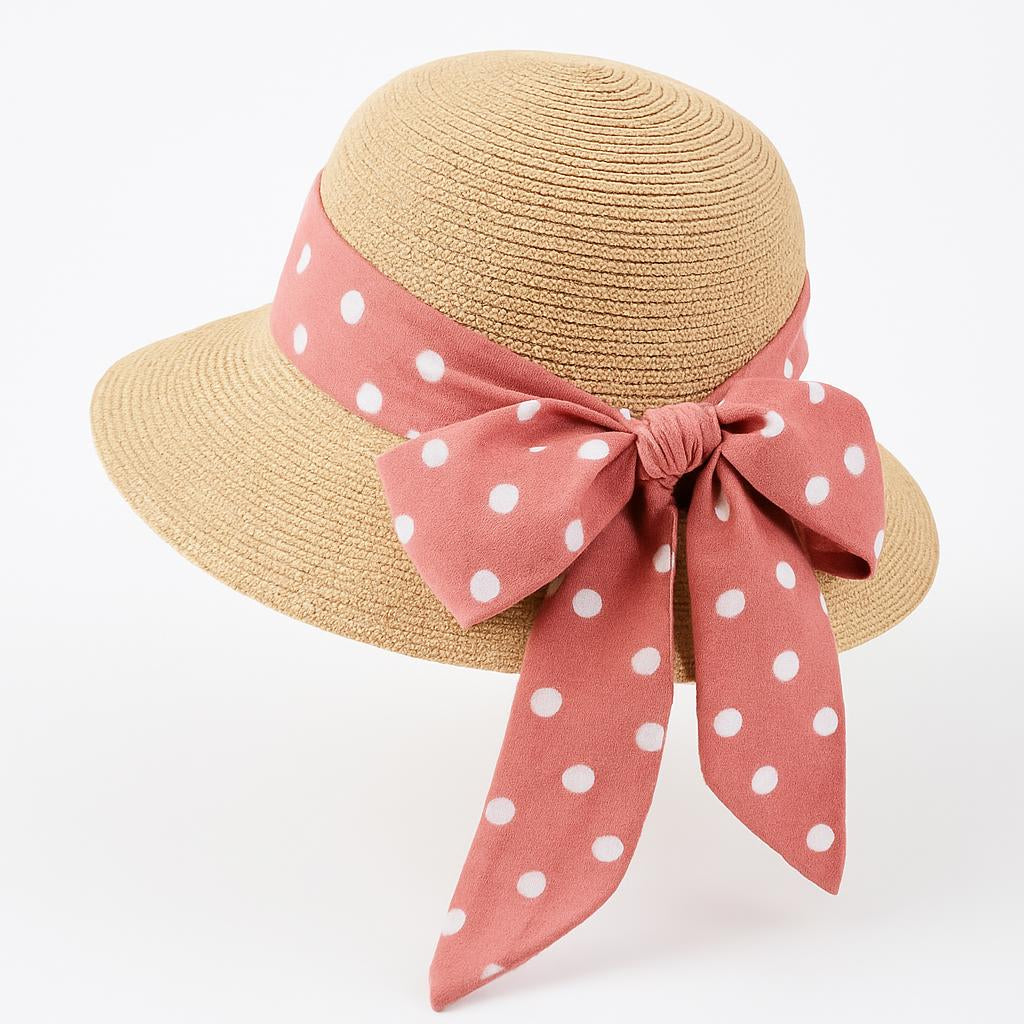 Eco-Friendly Wide-Brimmed Sun Hat with Pink Polka Dot Ribbon