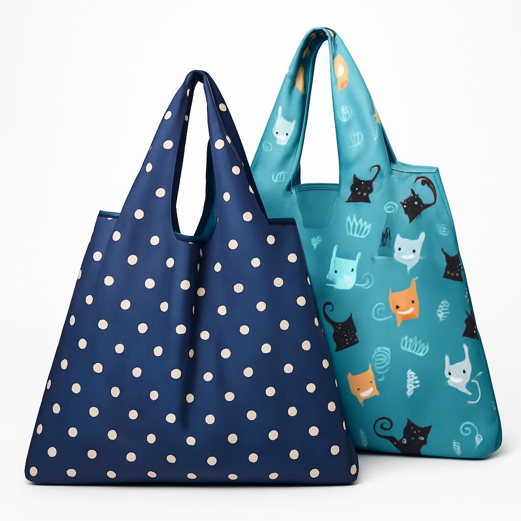 Eco-Friendly Reusable Shopping Bags with Blue Polka Dots and Cat Pattern