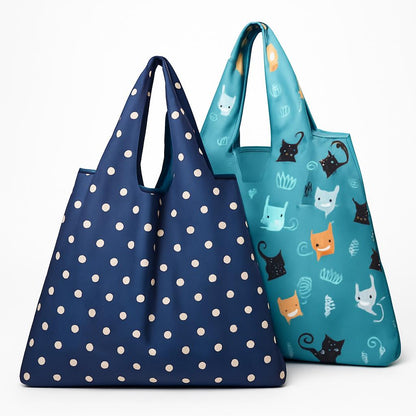 Eco-Friendly Reusable Shopping Bags with Blue Polka Dots and Cat Pattern