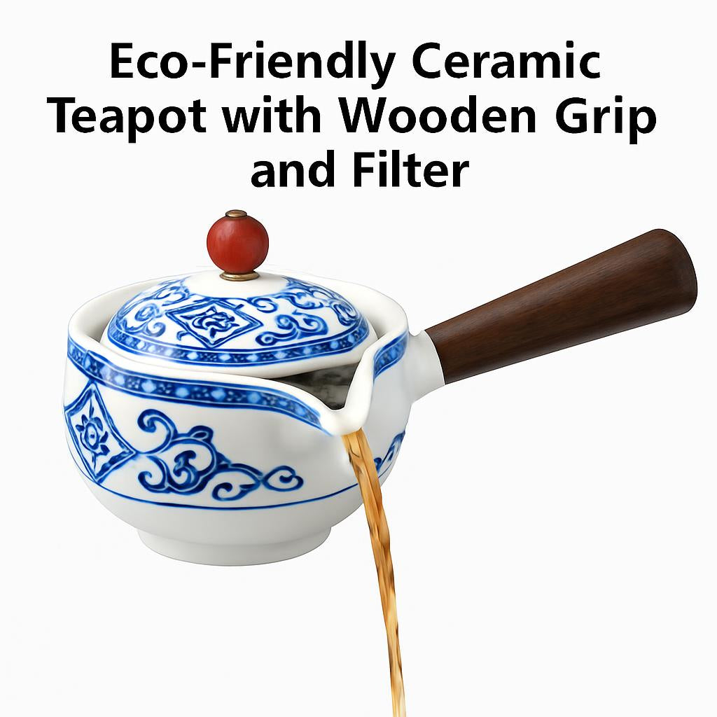 Eco-Friendly Ceramic Teapot with Wooden Grip and Filter