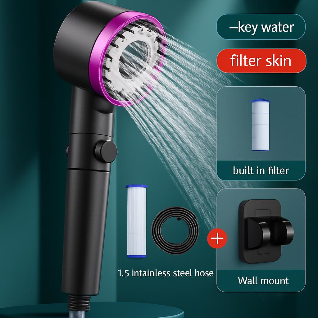 Black handheld showerhead with pink accents and built-in filter