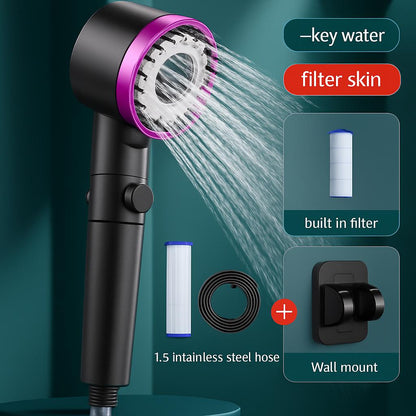 Black handheld showerhead with pink accents and built-in filter