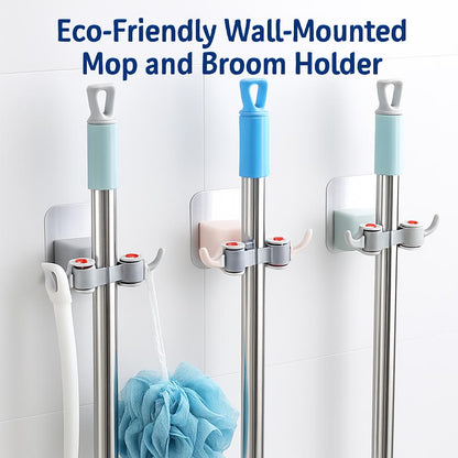 Wall-mounted mop and broom holder in light blue, gray, and beige