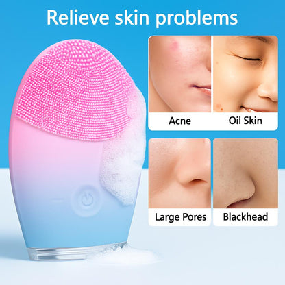 Eco-Friendly Electric Facial Cleansing Brush - Silicone Bristles, Rechargeable, Pink/Blue/Purple