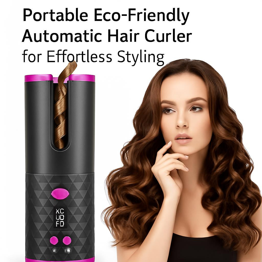 Black and pink portable automatic hair curler with textured grip