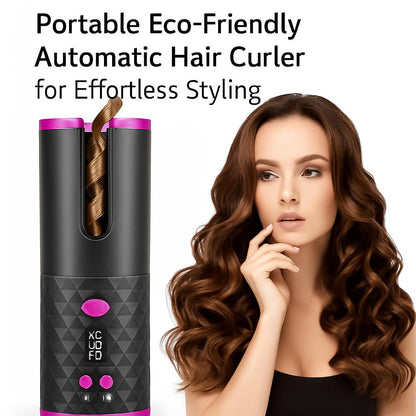 Black and pink portable automatic hair curler with textured grip