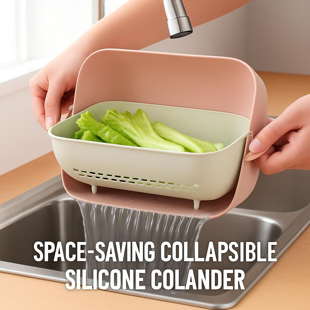 Collapsible silicone colander in pink and light green for kitchen sinks