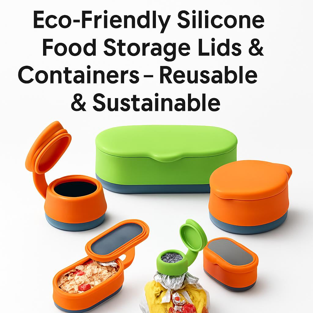 Eco-Friendly Silicone Food Storage Lids and Containers in Green, Orange, and Red