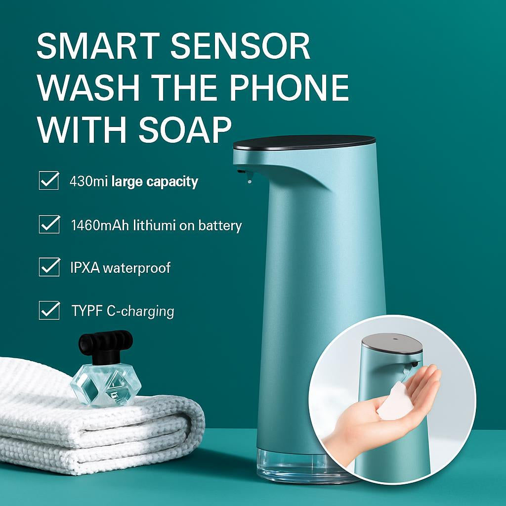 Light blue cylindrical smart sensor soap dispenser with a tapered top