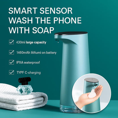 Light blue cylindrical smart sensor soap dispenser with a tapered top