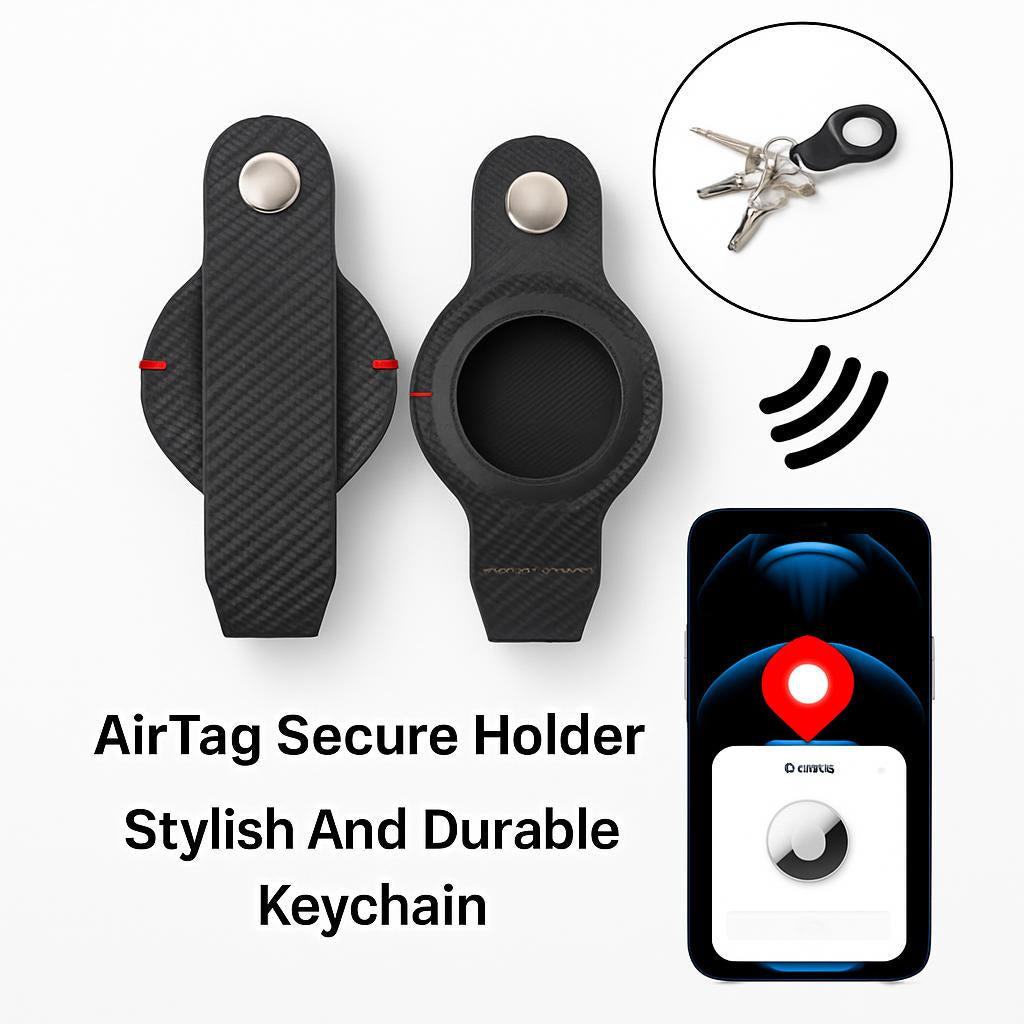 Black Circular AirTag Keychain Holder with Strap