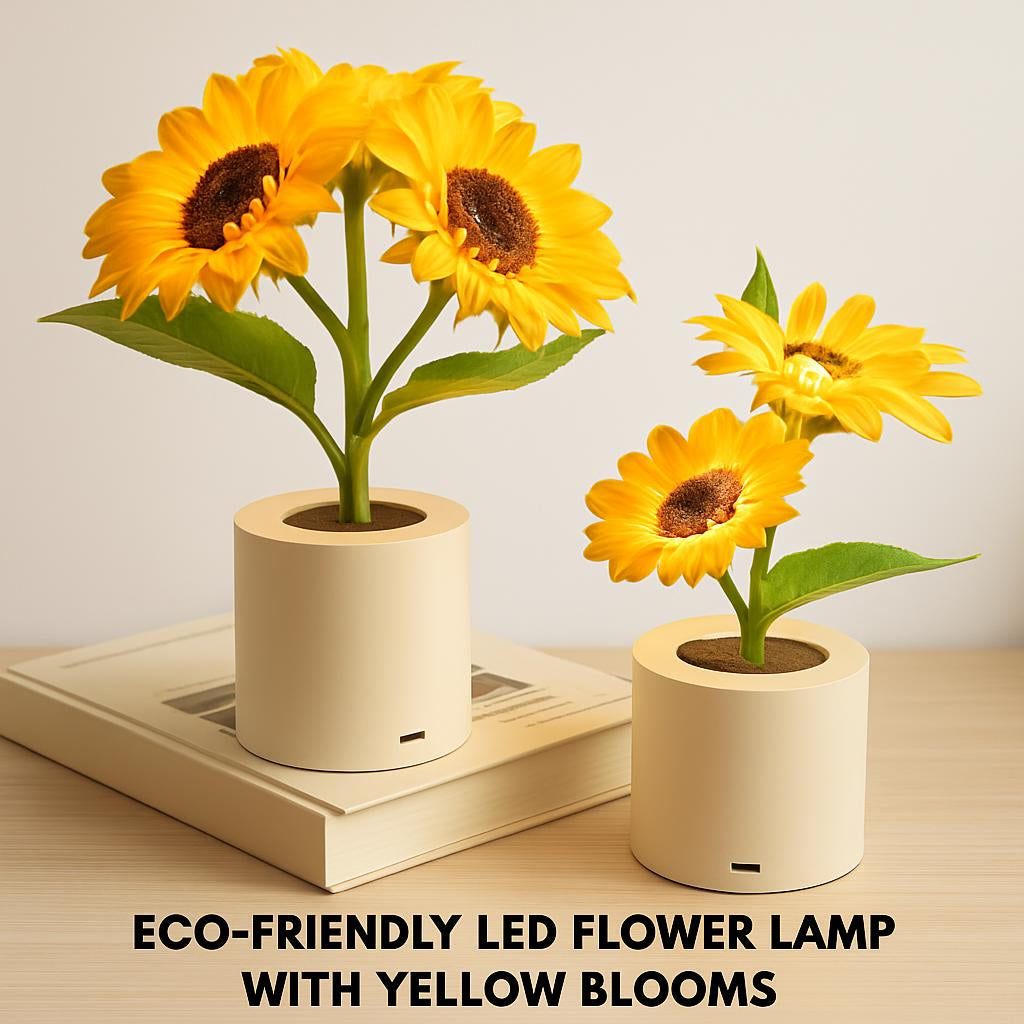 LED Flower Lamp with Yellow Flowers and Green Leaves on a Beige Base