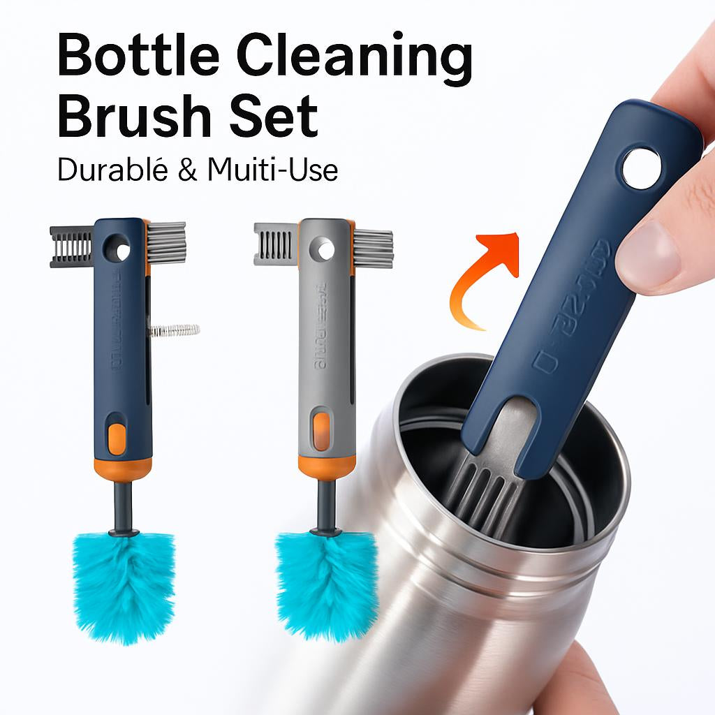 Eco-Friendly Bottle Cleaning Brush Set with Blue Bristles and Gray-Orange Handle