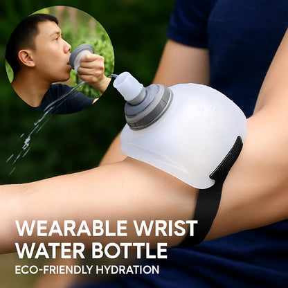 Wearable water bottle in translucent white, black, and peach, wrist-mounted for easy hydration