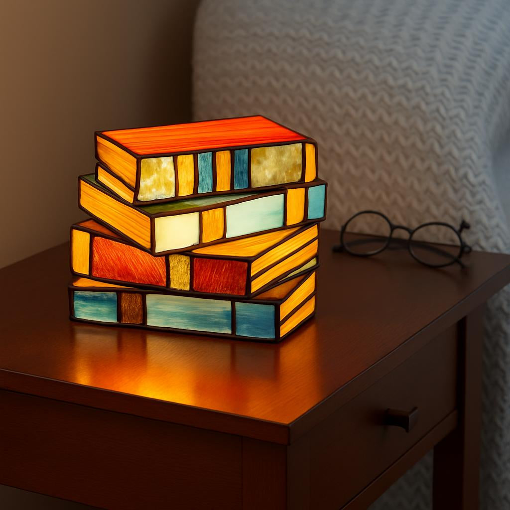 Multicolored Stained Glass Book Lamp on a Table