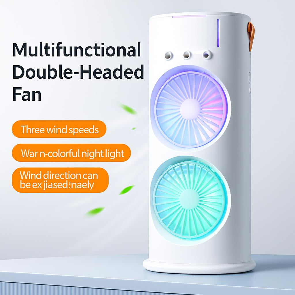 Multifunctional Double Headed Fan with Night Light and Adjustable Speeds