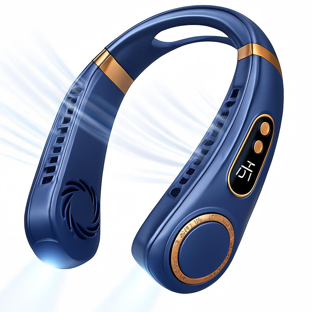 Eco-Friendly Portable Neck Fan in Blue with Gold Accents