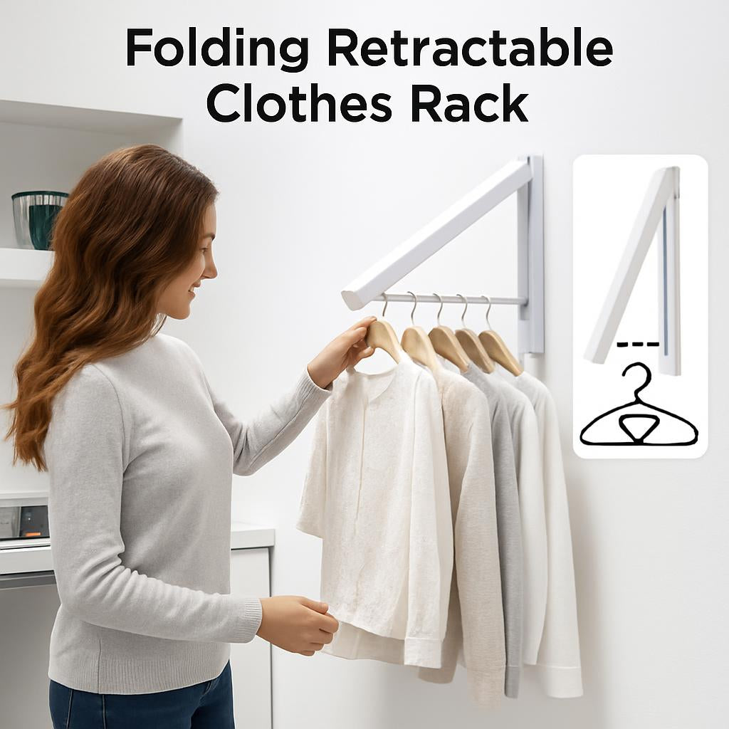 White Folding Retractable Clothes Rack - Wall-Mounted, Space-Saving Design