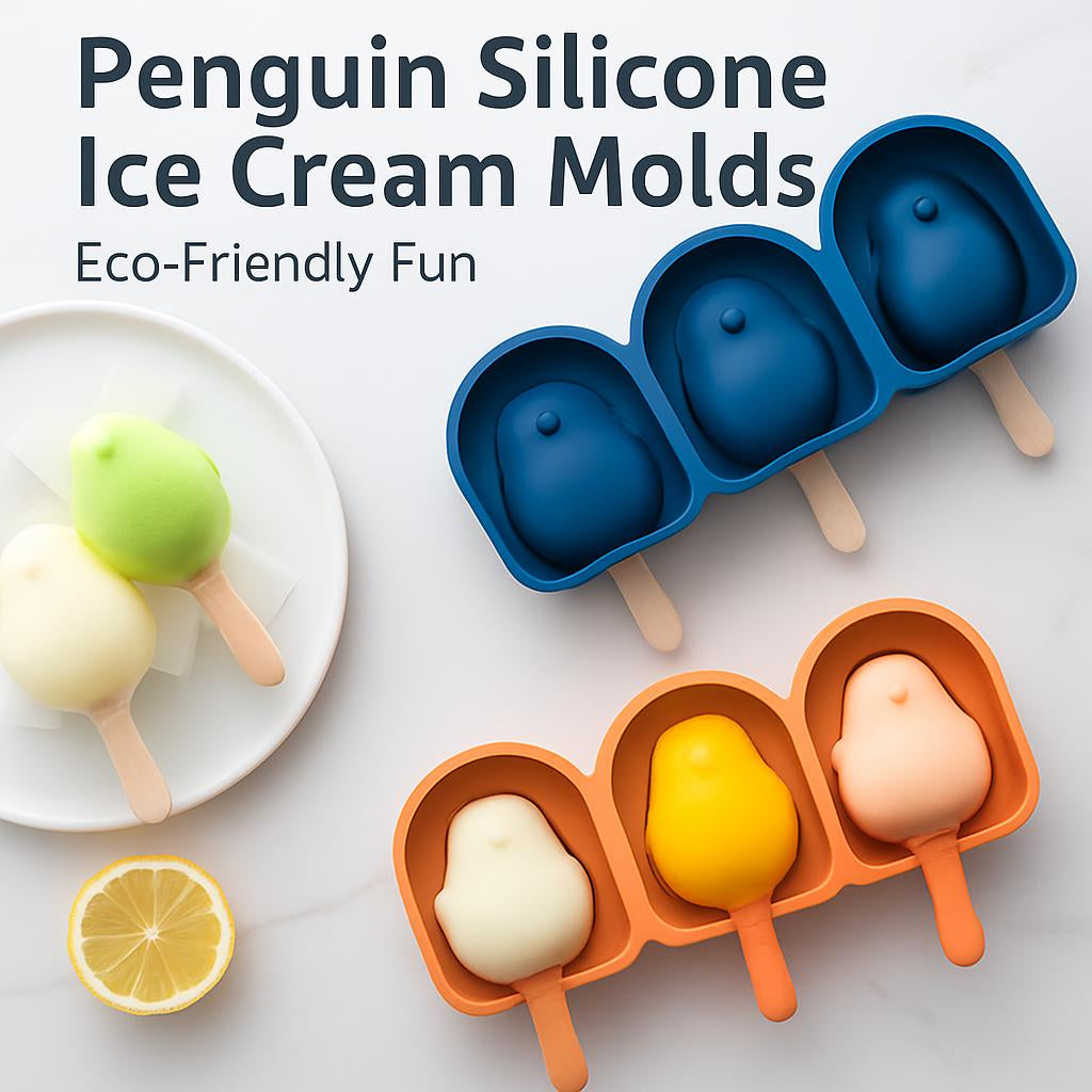 Penguin-shaped silicone ice cream molds in blue and orange