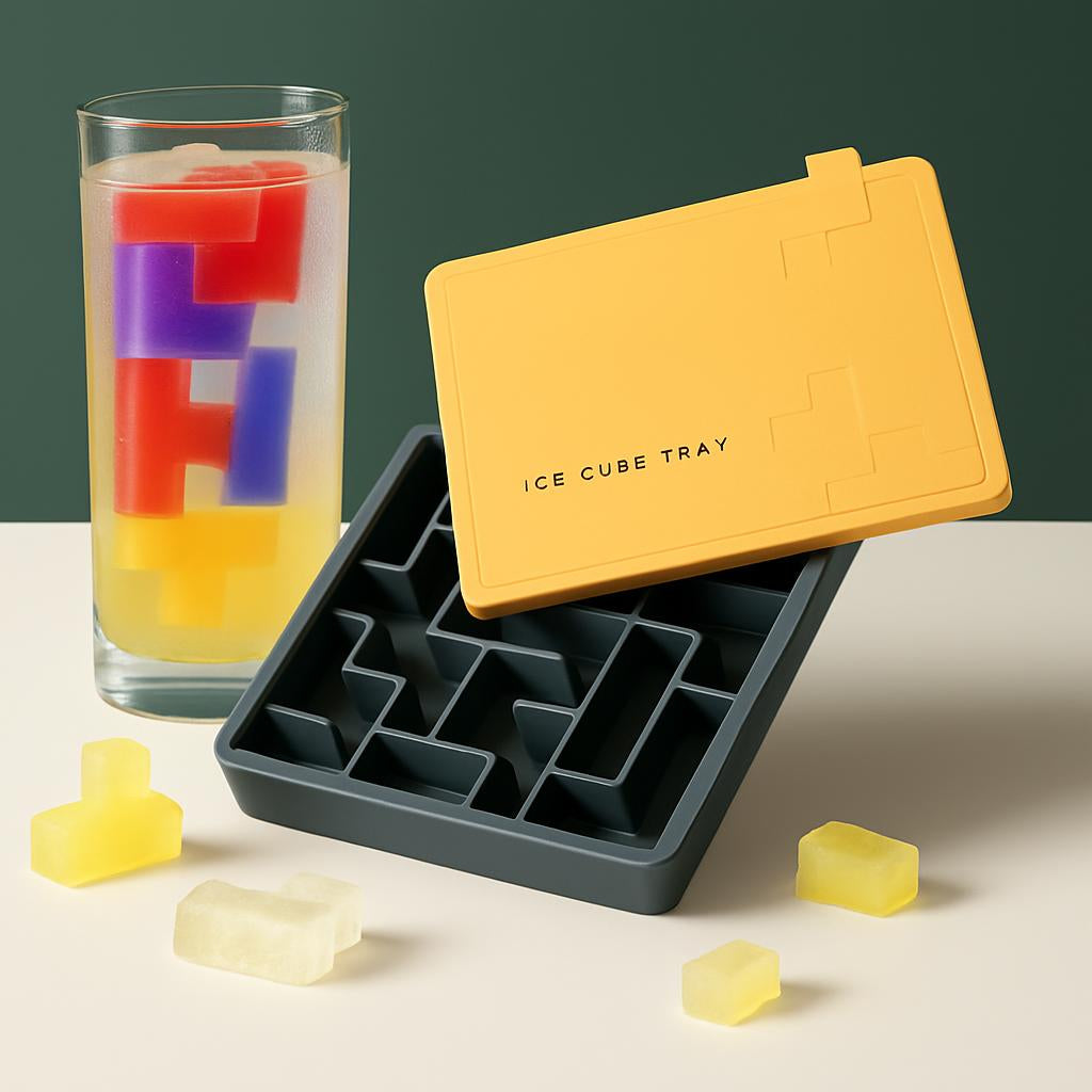 Tetris-shaped silicone ice cube tray with yellow lid