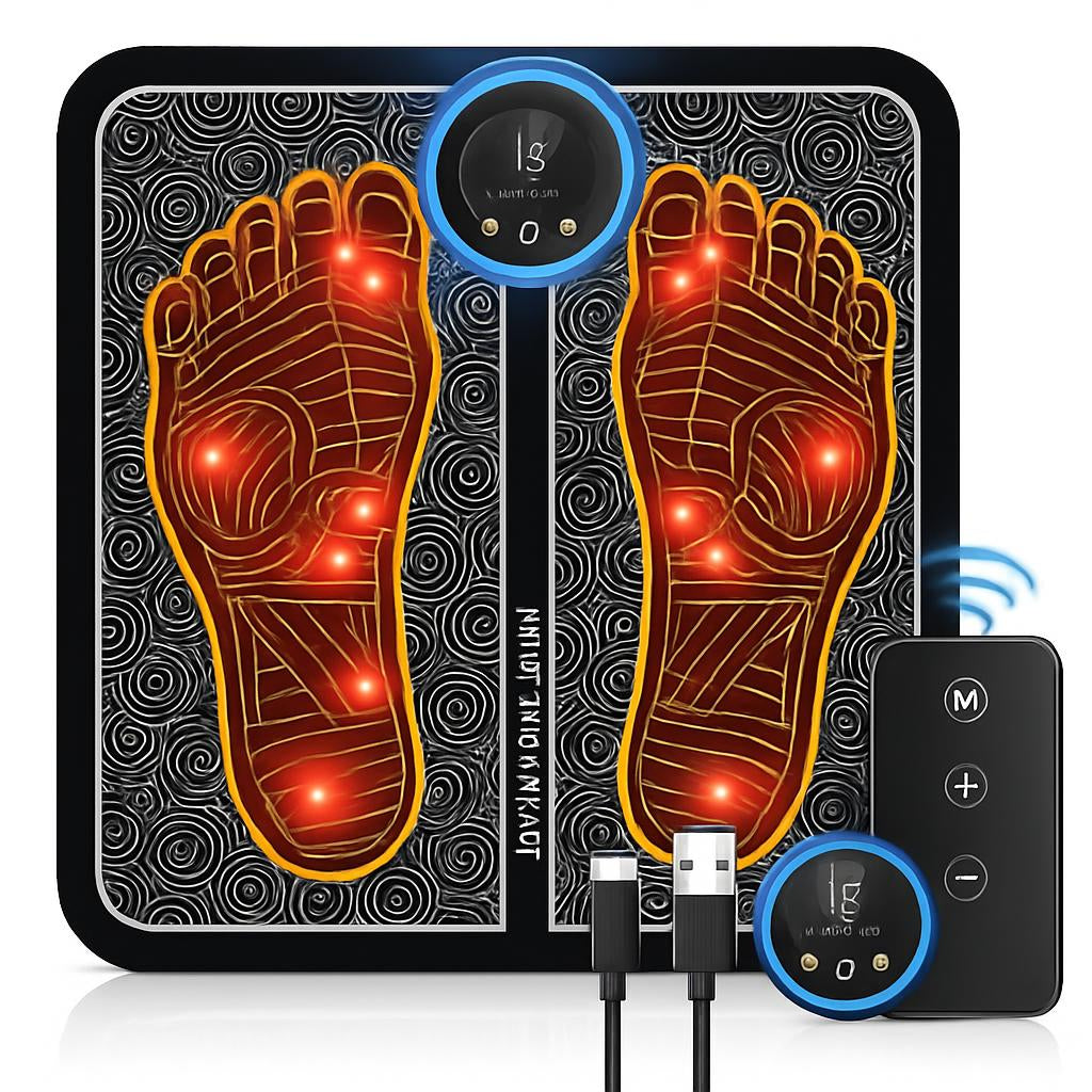 Rechargeable Electronic Foot Massager Pad in Black with Orange and Red Accents