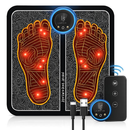 Rechargeable Electronic Foot Massager Pad in Black with Orange and Red Accents