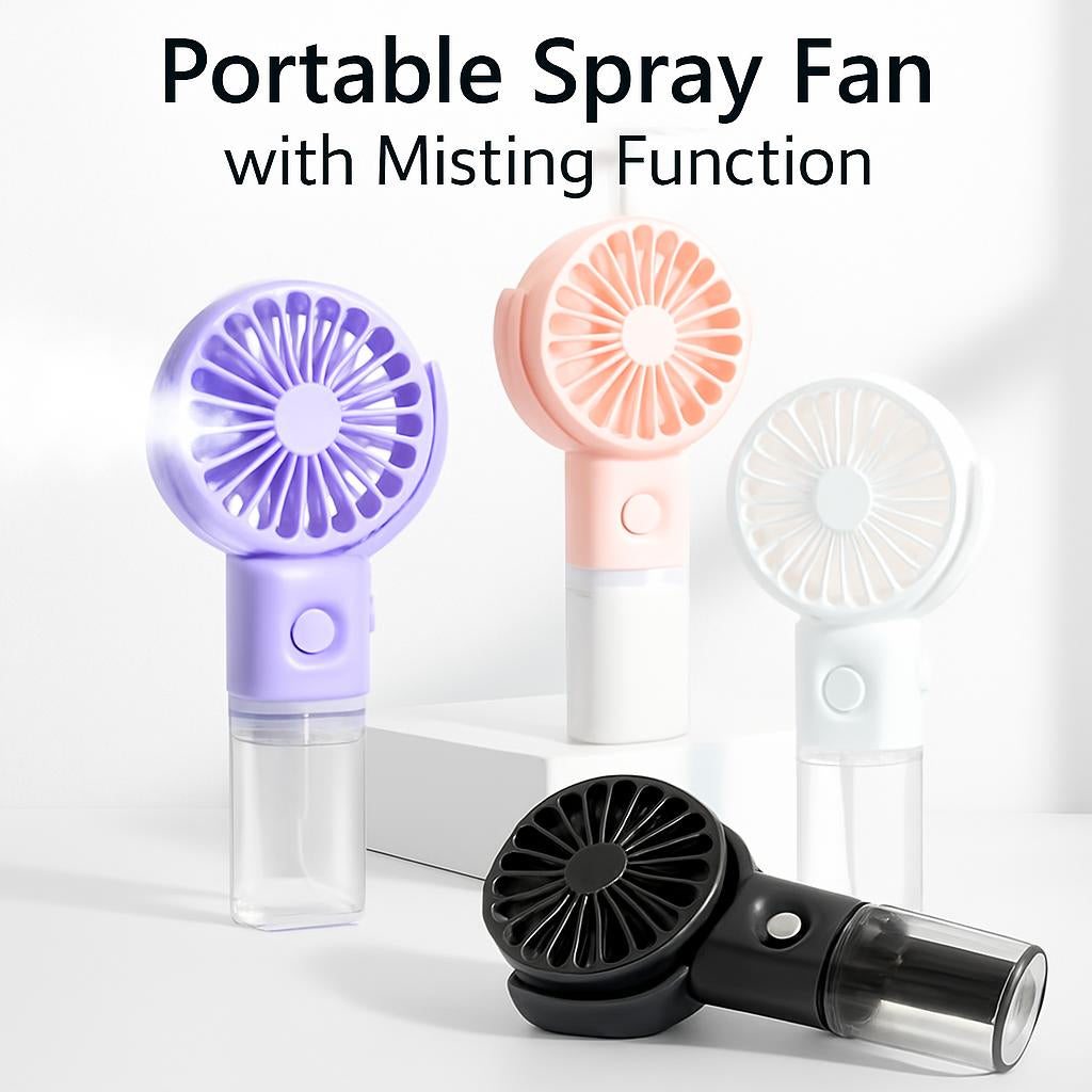 Portable Spray Fan with Misting Function in Pink, White, Purple, and Black