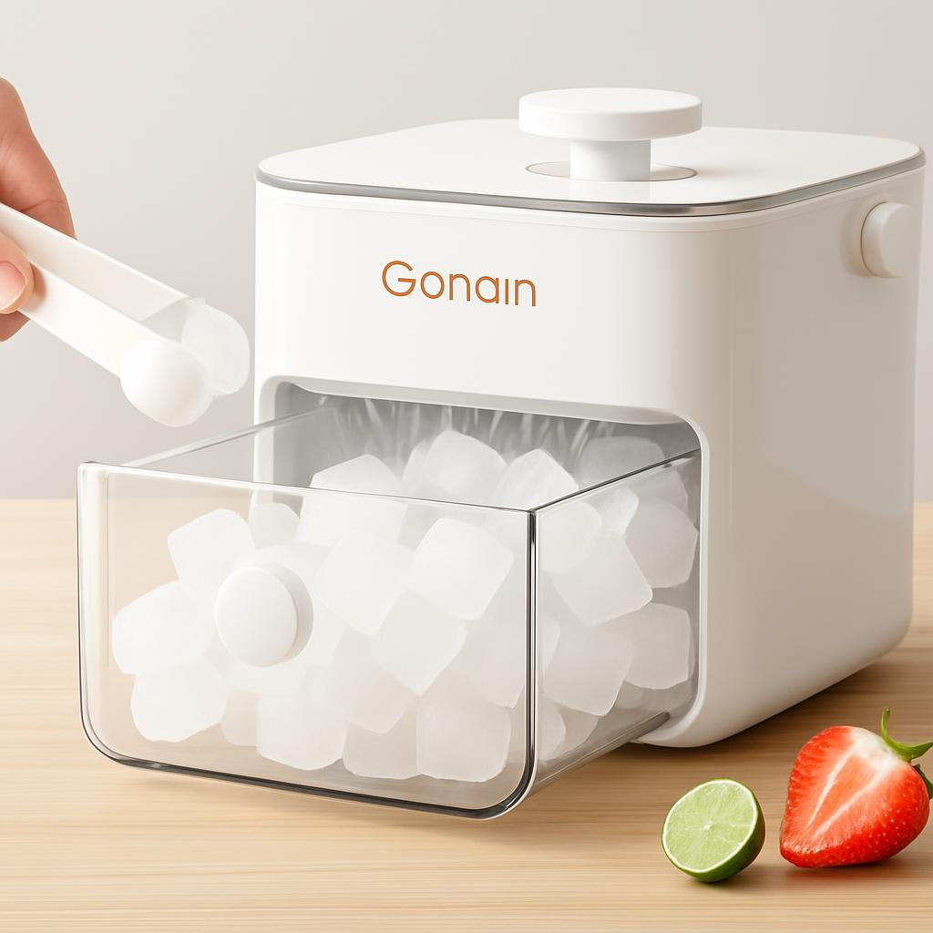 Eco-Friendly Countertop Ice Cube Maker in White with Transparent Elements