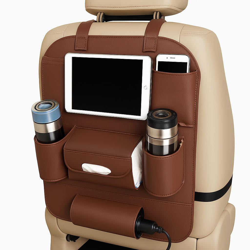 Brown Rectangular Car Seat Organizer with Multiple Pockets