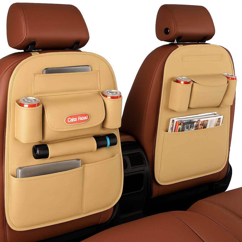 Brown Rectangular Car Seat Organizer with Multiple Pockets