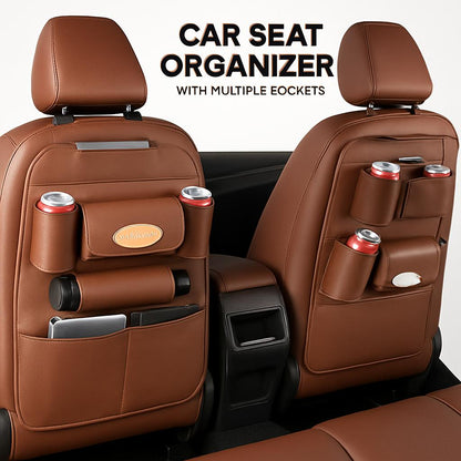 Brown Rectangular Car Seat Organizer with Multiple Pockets