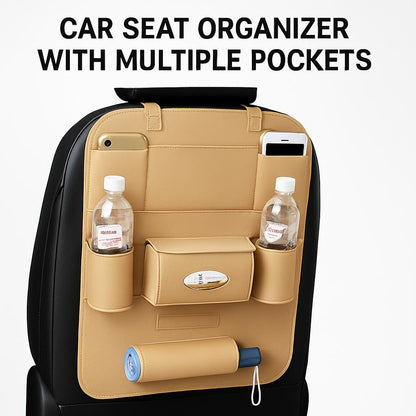 Brown Rectangular Car Seat Organizer with Multiple Pockets