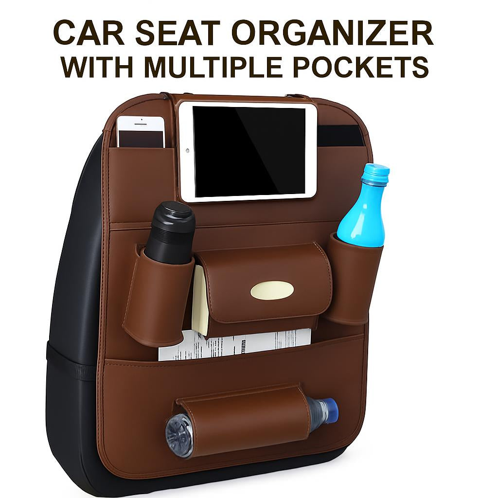Brown Rectangular Car Seat Organizer with Multiple Pockets