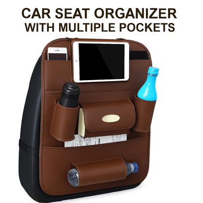 Brown Rectangular Car Seat Organizer with Multiple Pockets