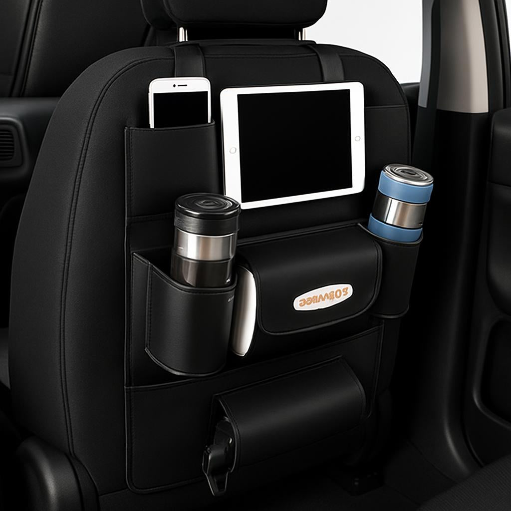 Brown Rectangular Car Seat Organizer with Multiple Pockets