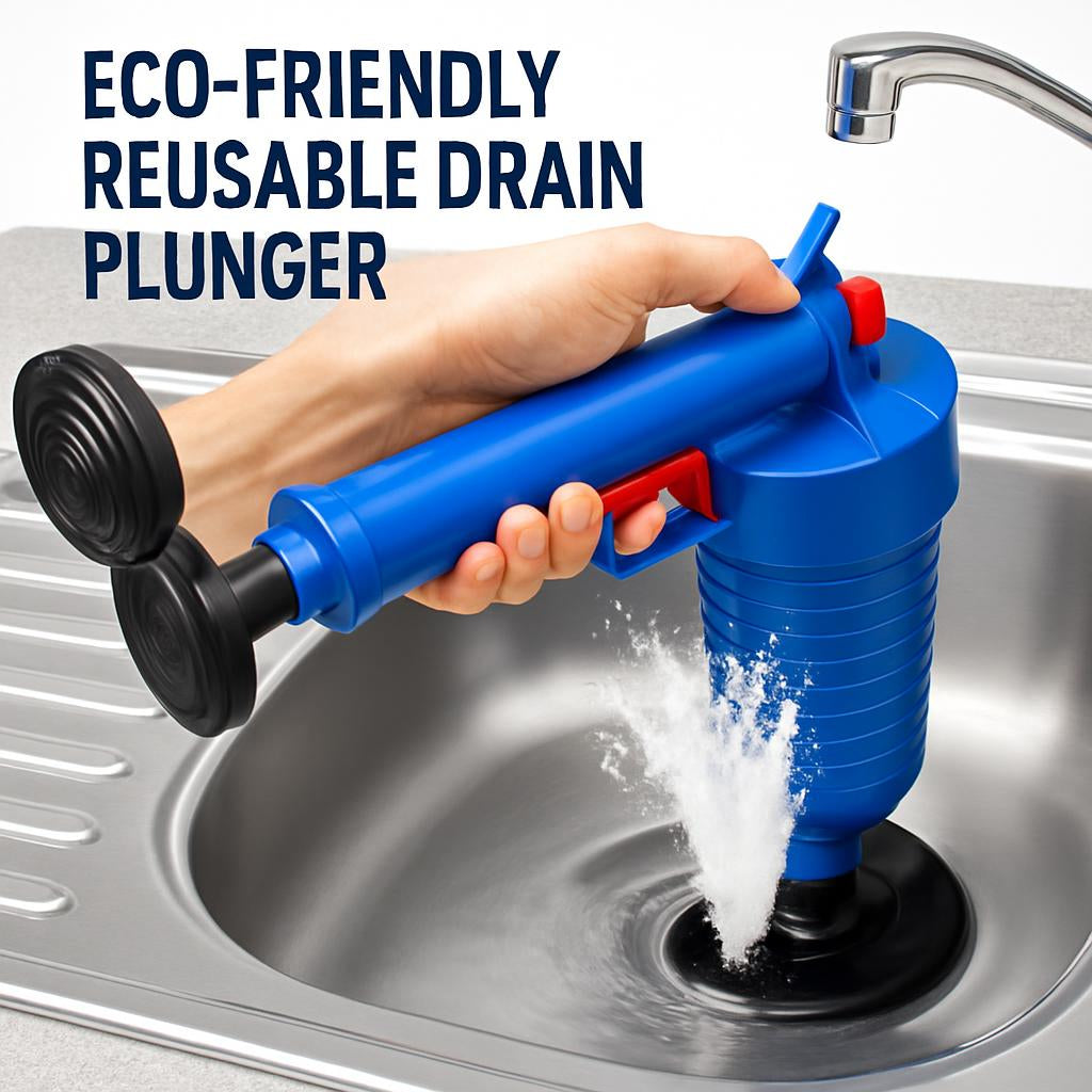 Eco-Friendly Reusable Drain Plunger with Blue, Black, and Red Accents