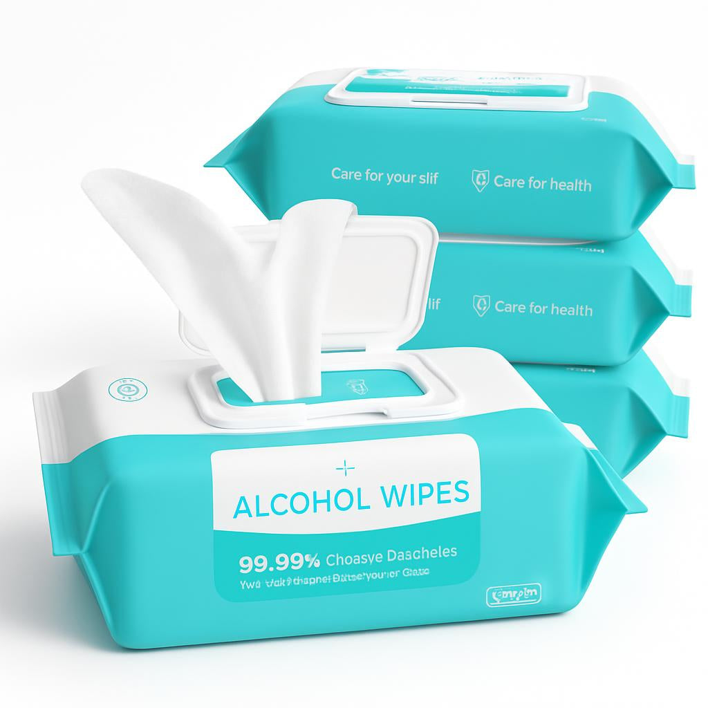 Eco-Friendly Alcohol Wipes in Turquoise and White Packaging