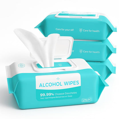 Eco-Friendly Alcohol Wipes in Turquoise and White Packaging