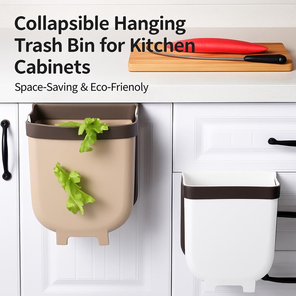 Collapsible Hanging Trash Bin for Kitchen Cabinets in Beige and White
