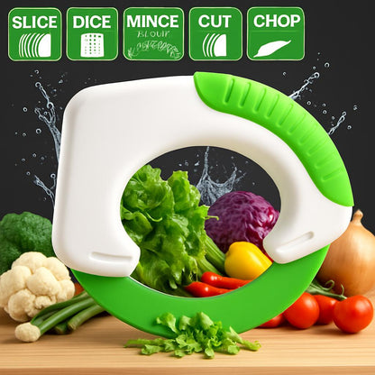 Handheld vegetable slicer in white and green with a circular shape and handle