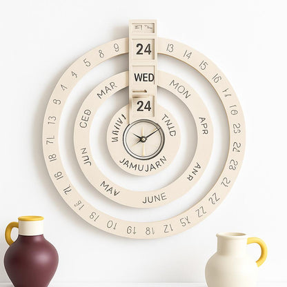 Light pink circular perpetual wall calendar with concentric rings
