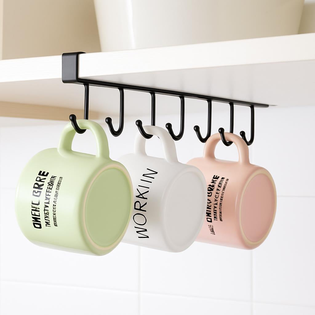 Black metal under-shelf mug holder with hooks for space-saving kitchen organization
