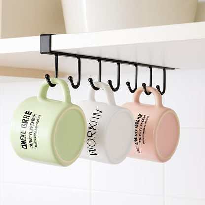 Black metal under-shelf mug holder with hooks for space-saving kitchen organization