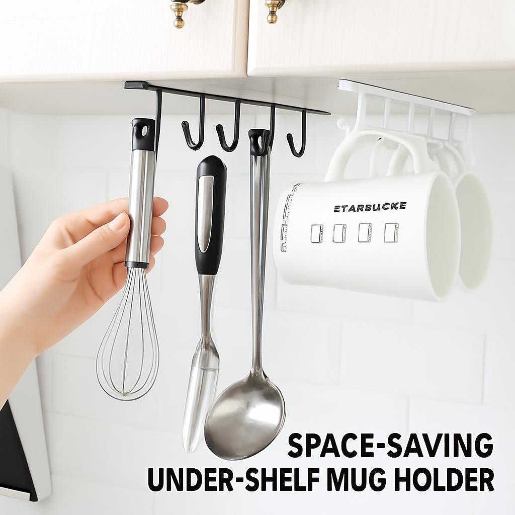 Space-Saving Under-Shelf Mug Holder - Black Metal Hook Rack