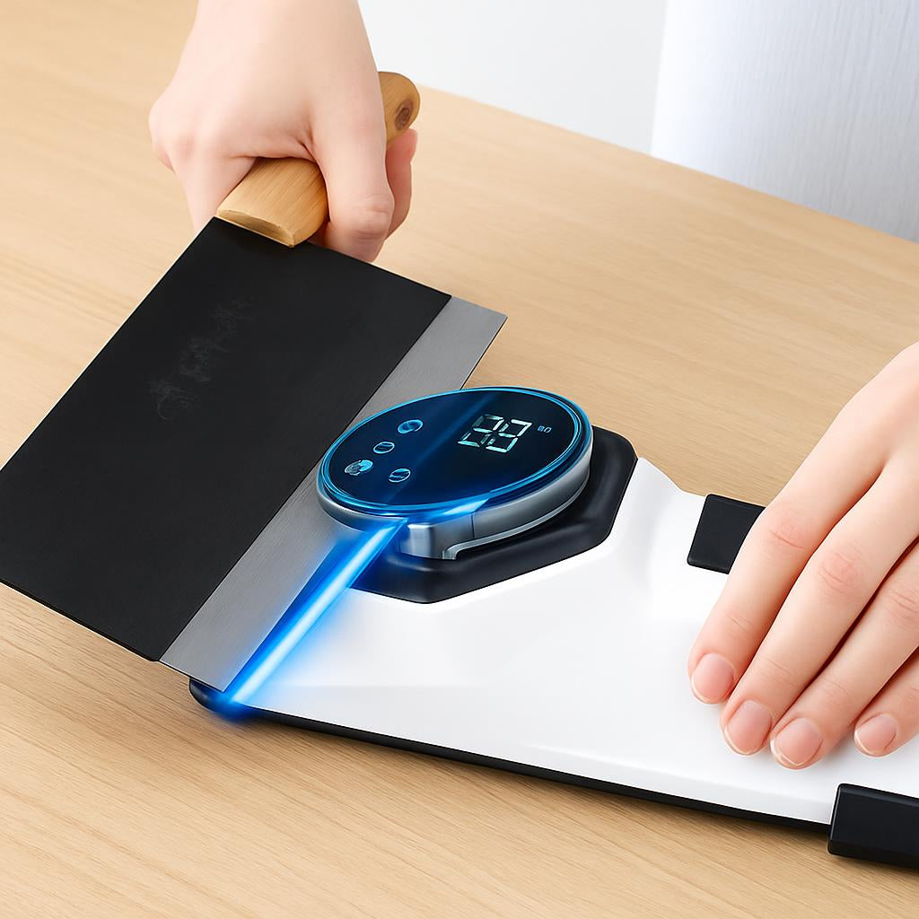 Eco-Friendly Knife Sharpener with White Base and Black and Blue Accents