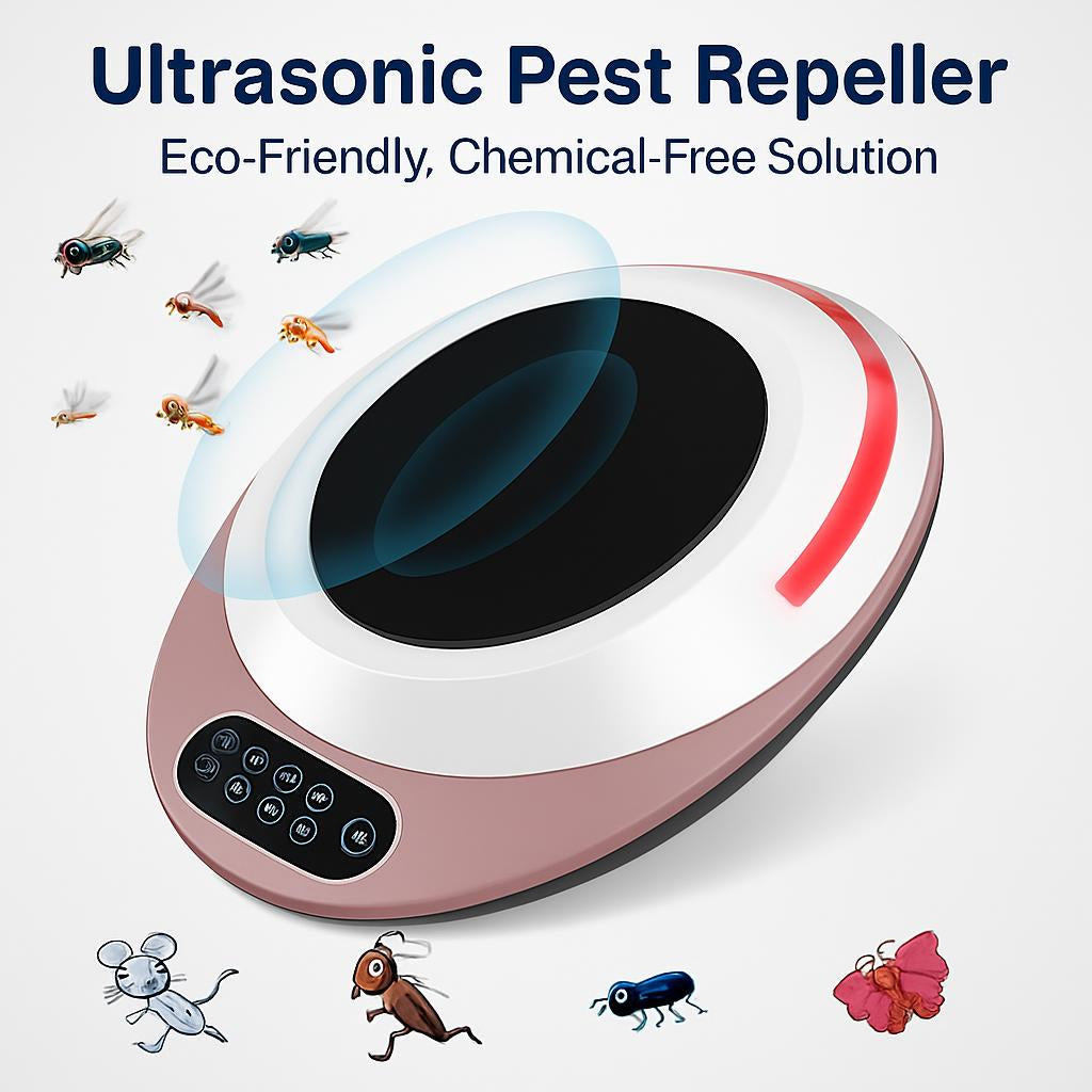 Pink and white ultrasonic pest repeller with a black center
